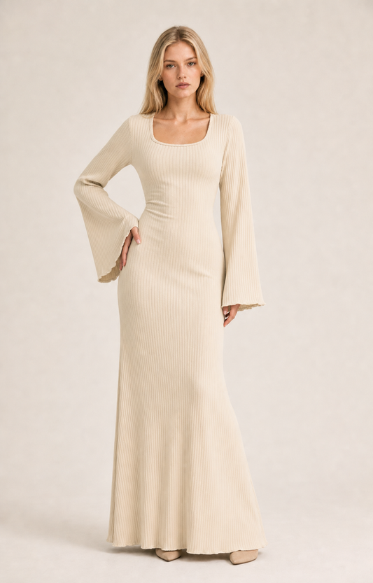 Loose U-Neck Back Tie Detail Long Sleeve Dress