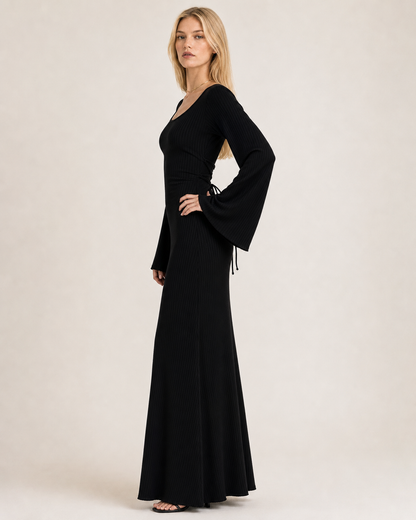 Loose U-Neck Back Tie Detail Long Sleeve Dress