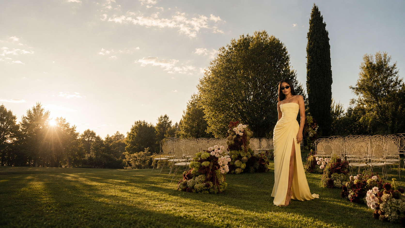 Woman in a pale yellow gown at a golden-hour garden wedding ceremony